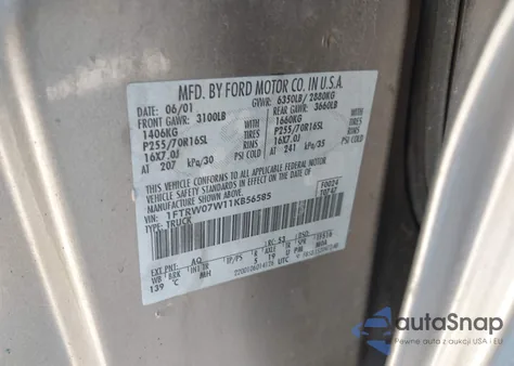 2001 Ford F-150 Harley-Davidson Edition/King Ranch Edition/Lariat/Xlt z USA, uszkodzony, nr VIN 1FTRW07W11KB56585